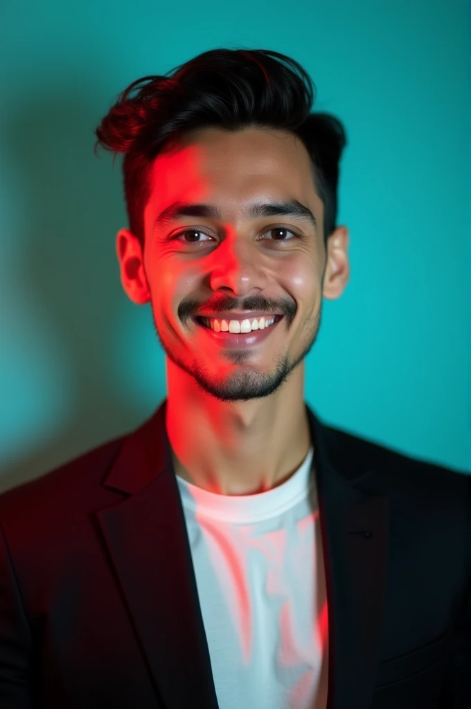 A young man with dark hair and a confident smite. He is dressed in a black blazer over a white shirt The man is positioned against aqua colour backdrop with a subtle red lighting on the left side. and he posing for LinkedIn profile