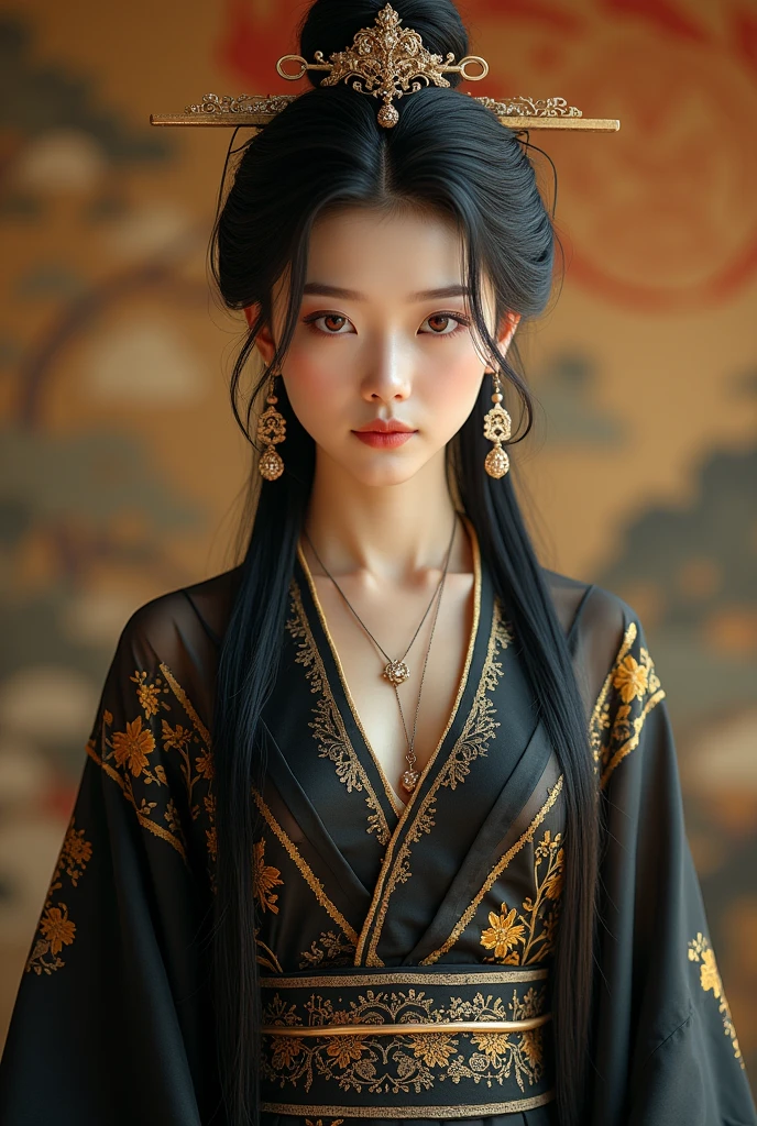 1 very beautiful queen medusha in hanfu dress, thin silk shirt with many yellow motifs, black lace top, long hair dyed black, beautiful hair jewelry, pretty face pretty and cute, perfect face, earring jewelry, head and hair jewelry, antique jewelry, big red eyes, sharp eye makeup, meticulous makeup eyelashes, thin eyebrows, nose tall, pretty red lips, no smile, pursed lips, rosy cheeks, breast augmentation, wide breasts, (huge breasts), well-proportioned breasts, slim waist, mesh stockings with black lace, Chinese hanfu style, fictional art patterns, colors vivid and realistic, RAW photos, realistic photos, ultra-high quality 8k surreal photos, cool photos, (virtual lighting effects: 1.8), 10x pixels, magic effects (background): 1.8), super detailed eyes, beautiful girl body portrait, (full body:1.3), (standing:1.2), girl alone, (ancient hanfu background:1.2), looking directly at the audience, wide original photo, 8k quality, super sharp, detailed and clear picture best, detailed light background,