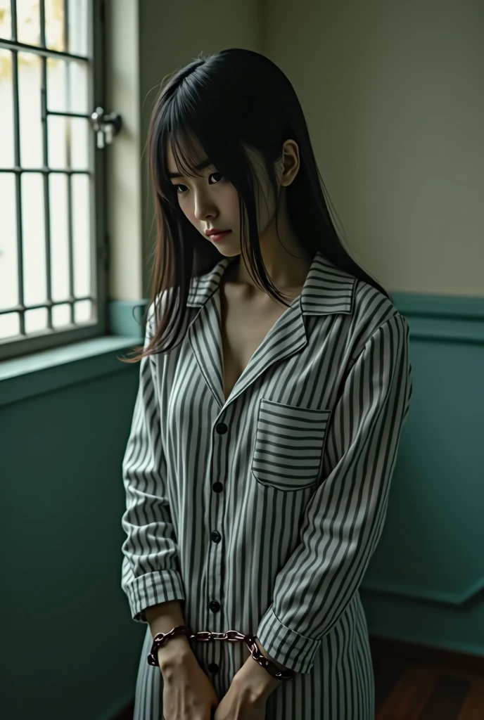 {
"prompt": "prisonの番号が書かれた青い長い囚人服を着た美しい韓国の高校生の少女が登場するシーン. She doesn't wear shoes. 彼女は金属格子で囲まれた薄暗いSolitary confinementの中にいる. The girl has a sad look, And her uniform was replaced with a striped prison uniform.. 設定は小さなベッドのある典型的なprisonのSolitary confinementです, Iron-barred windows, Worn floor. The overall atmosphere is heavy、Thoughtful, The soft lighting accentuates her emotions..",photograph,prison,Japanese high school girl as a female prisoner, Round sexy ass,Big natural wet breasts, prisonの設定, Solitary confinement,Handcuffs on both hands,Restrained by chains,Jail,Connecting both handcuffs with a chain,Chain on the waist,Crotch rope,Take off your bra,Expose the chest,Go shirtless,
"size": "1024x1024"
}