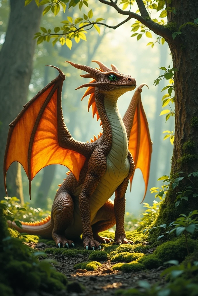 /imagine prompt: A young dragon, now the size of a horse, in a majestic pose in the forest, with scales starting to harden and gain metallic tones. The wings are still small but visibly strong, partially open. Sunlight filters through the trees, illuminating the scales with golden reflections. Background with tall trees and dense vegetation, details of sunlight on the leaves, natural photography, focus on the dragon's growth and strength, realistic details in the textures of the scales and forest --ar 4:5 --v 6.0