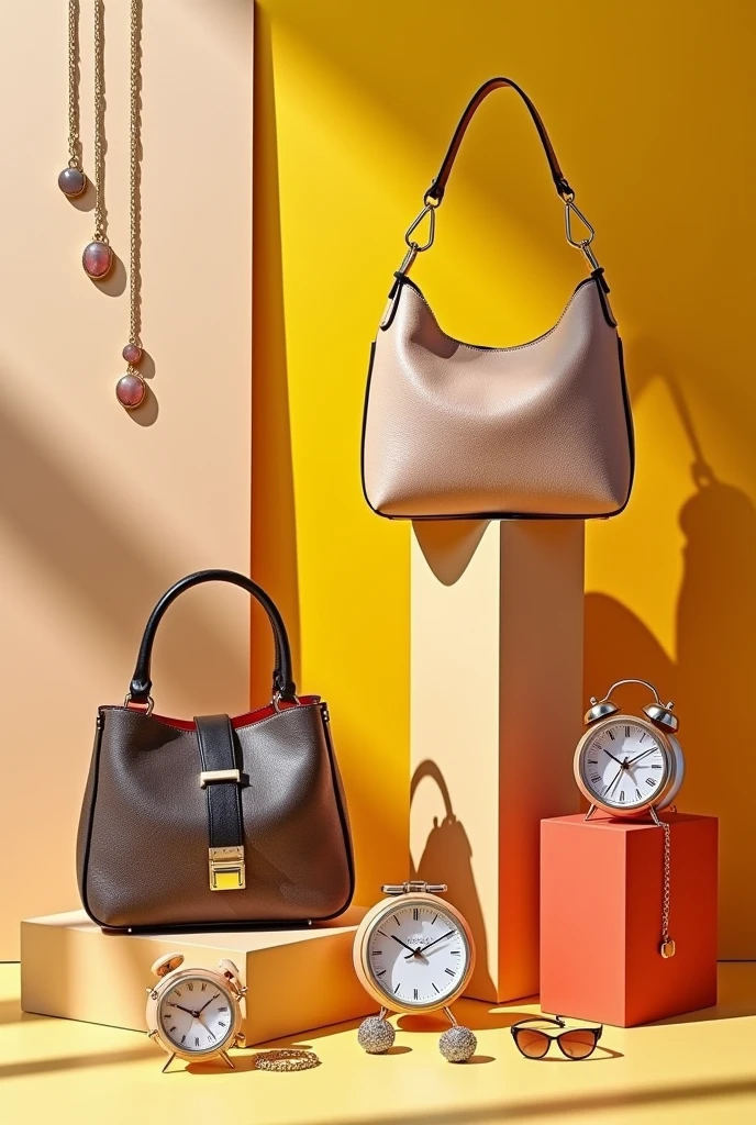 on a yellow and neutral photographic background, accessories like bags, and a display with necklaces and earrings, clocks