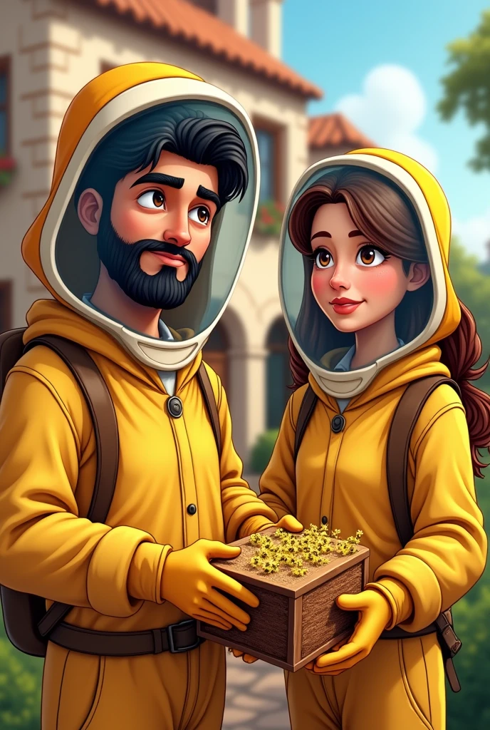 the image must have a cartoon style, with u Generate an image of two beekeepers, one man and one woman, in yellow beekeeping clothing, the man must be young and have a black beard, eyes black e tom de pele branca
, Lebanese traits , black short hair, eyes black, small-nose, the woman must have brown hair and European features, com olhos castanhos, removing bees from a house, using safety equipment, beekeeping mask, gloves and removing a beehive that is near the roof of a house The image should not be animated and dynamic