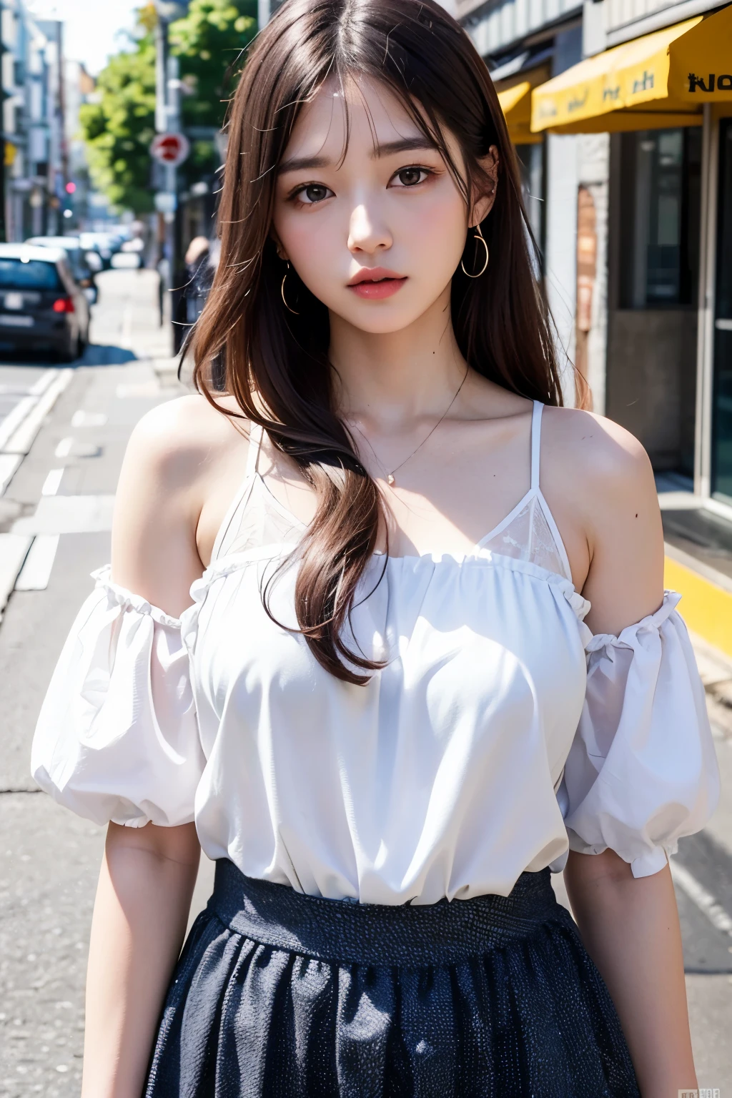 (Highest quality: 1.3), (Very detailed: 1.3)、High resolution、8k wallpaper、Perfect dynamic composition,、 (masterpiece: 1.3),

Beautiful Eyes、Natural color lip、 ((Japanese Idols))、very cute、20-year-old、

Semi Body Shot、(street)、