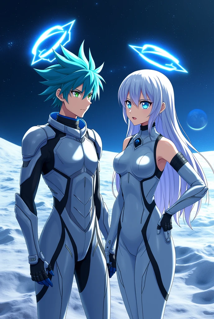 I want a picture of a man and a woman in an anime with a halo like the bluearchive game. The halos have different shapes and they have a futuristic theme. They live on the moon.