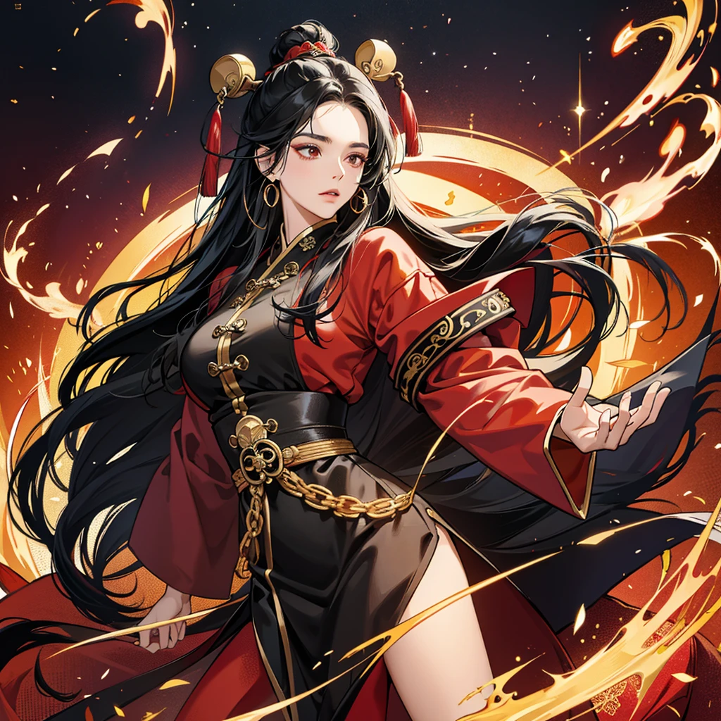 High resolution, 1 Female, alone, Hip Up, Displaying the viewer, (Detailed face), Black Hair, Long Hair, Black, red and gold Taoist robes,Larger clothes, jewelry, Portraits during the journey
