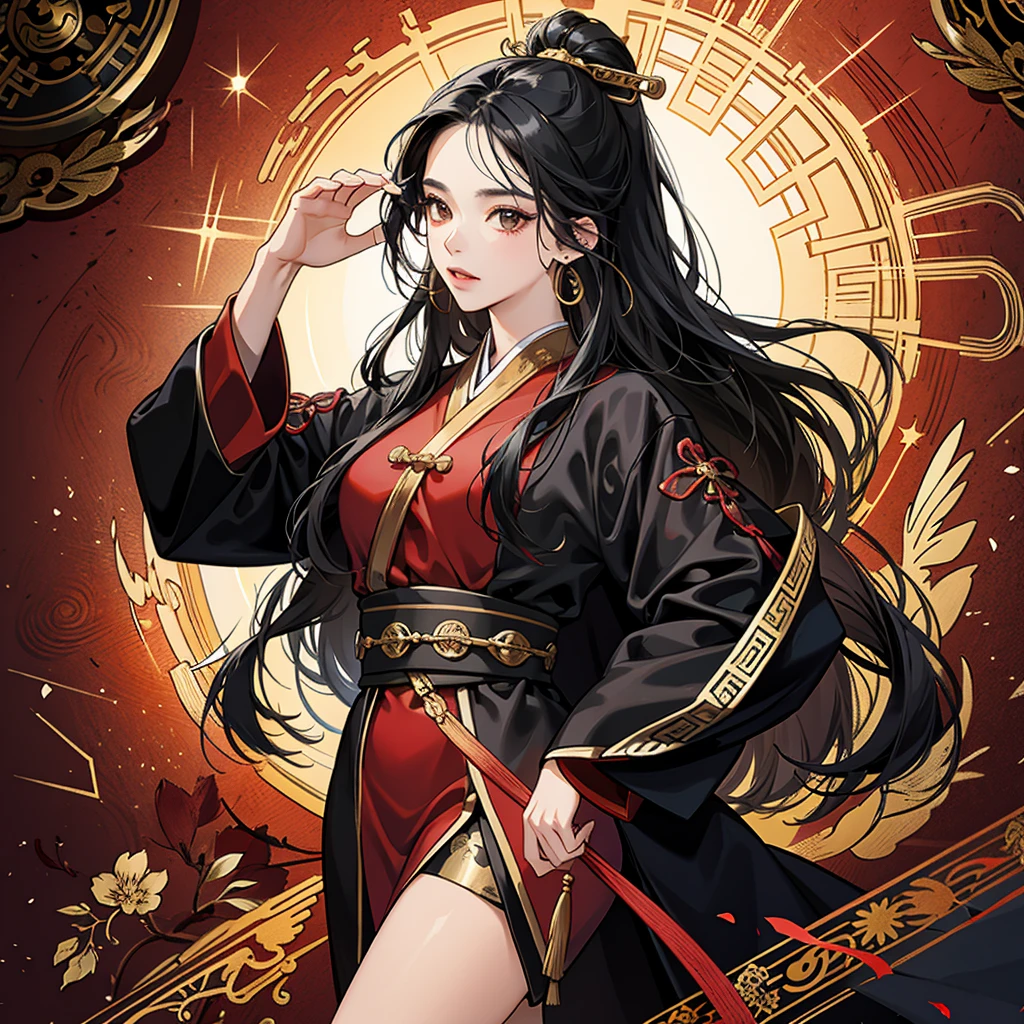 High resolution, 1 Female, alone, Hip Up, Displaying the viewer, (Detailed face), Black Hair, Long Hair, Black, red and gold Taoist robes,Larger clothes, jewelry, Portraits during the journey