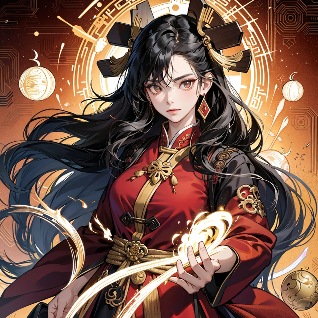 High resolution, 1 Female, alone, Hip Up, Displaying the viewer, (Detailed face), Black Hair, Long Hair, Black, red and gold Taoist robes,Larger clothes, jewelry, Portraits during the journey