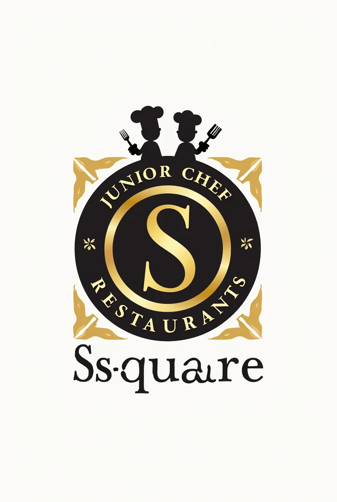 Logo for restaurant named Ssquare junior chef restaurant in circle shapes and adding touch of chef also adding symbol of S and adding 2 on top of s with a subtitle of junior chef restaurant also included into the square shape with a black golden colour theme and adding restaurant touch tp logo