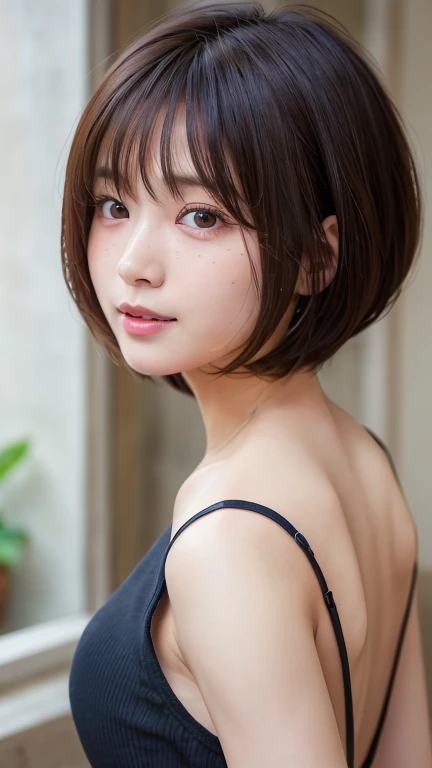 (Bob Cut Hair:1.2),(Wearing a backless dress:1.8),1 person,Japanese,21 years old,(Small breasts:1.3),(Highest quality,masterpiece:1.3,Ultra-high resolution,),(Very detailedな,Caustics),(Realistic:1.4,RAW shooting,)Ultra-Realistic Capture,Very detailed,High resolution 16K human skin closeup。 Natural skin texture、,pores、、It needs to be detailed enough to be easily identifiable。 Skin tone is even and healthy looking。 Use natural light and color, Happy expression, Looking into the camera, Perfect dynamic composition, indoor、Cleavage、freckles、Alluring expression、You can see up to the buttocks、Raise your arms high、Beautiful shoulder blade