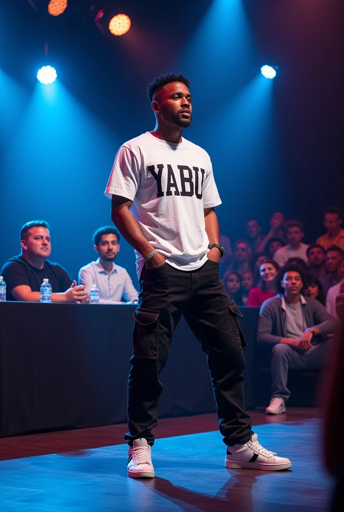 Here's a description of the scene you're envisioning:

**Image Description**:
A rapper is performing on stage during an audition. The artist is wearing black cargo jeans, OG sneakers, and a white hip-hop T-shirt with "YABU" written on it. The performance is dynamic, with the rapper engaging energetically with the audience. Three judges sit at a table in front of the stage, intently watching the performance. The audience is visible in the background, looking on from the side. The overall atmosphere is vibrant and focused, with bright stage lights highlighting the rapper.

This description can guide the creation of an image or visual representation of the scene you're imagining.