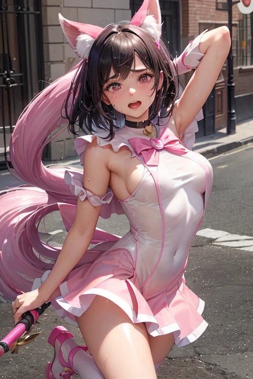 a lady,20 years,((Disfracis de niña mágica)) ,(((Flushed face))), )), ((()))((istoy abriendo la boca)),(((Magical girl costume))(Ahe happy face),wet with sweat,(A dark-haired,),((Street,multitudis,))(()) con open legs y ombligo dis cubiertoal ispectador,mosaic censorship,open mouth,pen,pink mono,pink eyes,Pussy,rifle,sex,simple background,tight skin,focus alone,open legs,two tails,vaginal,weapon,(shiny skin), \(Assent\),pink ,bright clothes,latex mono,blush,crying,disde atrás,looking back,is,down on my knees,