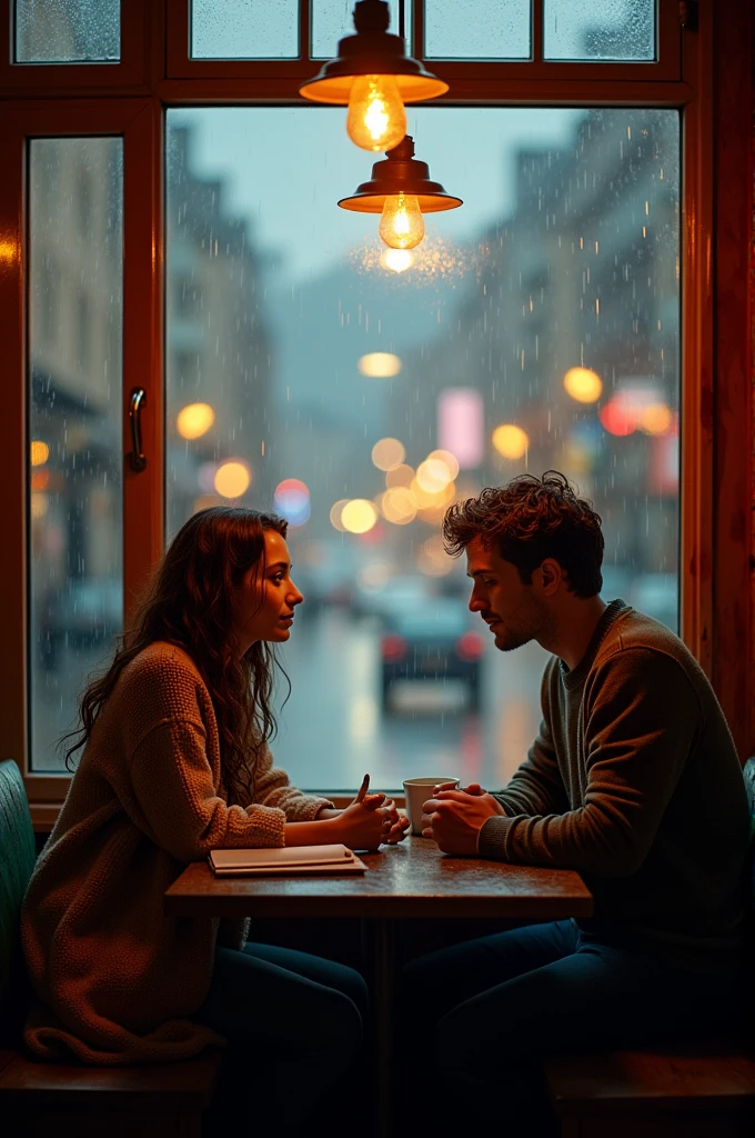 "A cozy, small café during a rainy evening. A young woman, Saira, sits near a large window with raindrops trickling down the glass, holding a book. Across from her is a young man, Adam, who just entered the café, wet from the rain. They sit across from each other, sharing a quiet moment with gentle smiles and shy glances. Warm light from vintage hanging lamps creates a cozy atmosphere, reflecting off the rain-soaked window. Outside, the city is blurred with lights and rain. The café feels intimate and inviting, filled with the soft ambiance of rainy evenings."