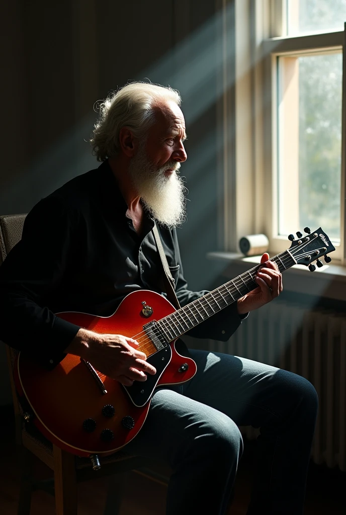 (photorealism:1.2) realistic high detailed definition old male wearing black shirt wrote abah kau with tears jeans on knee playing Gibson guitar sg flying v model at dark room smoke effect sunlight silhouette from window