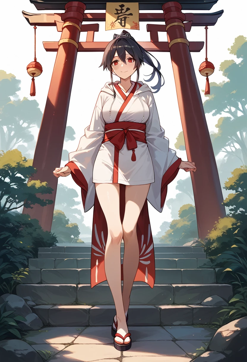 masterpiece, Highest quality, Highest quality,full body,ponytail,Shrine maiden,20-year-old,standing,Kantai Collection,Haruna,yandere,Red eyes,White background,Alluring, hoodie,milf,Black Hair,tall,Long legs,Salmon sushi over head,squid,Sexy legs,