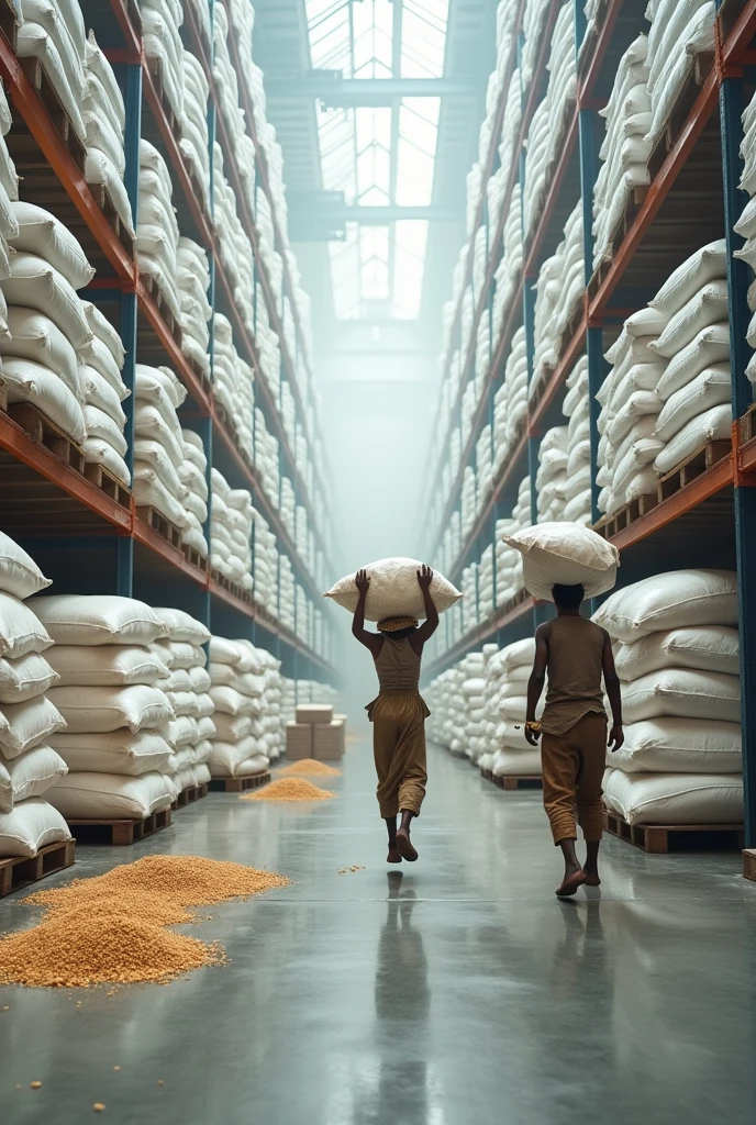 Généré une image d'un grand magasin de couleur blanche ou est stocké des piles des stocks en sacs, avec des dockers en habille déchiré en train de prendre de prendre des sacs sur leur tête, with an analog scale next to it where the bags are weighed, with a little millet grain on the ground