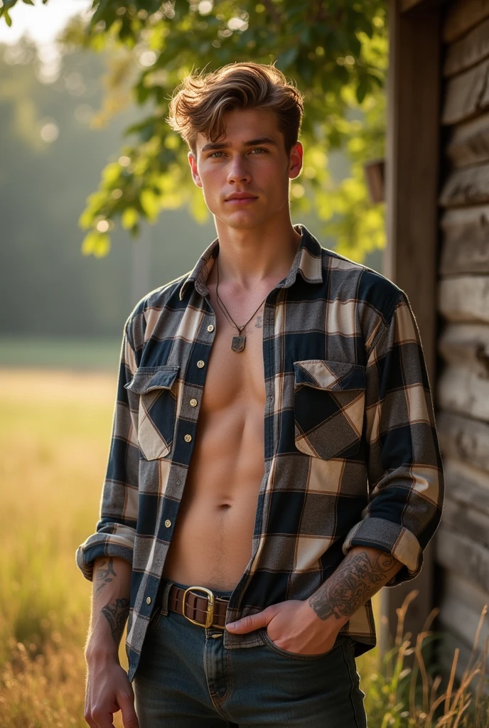 19 year old male, strong bodie, rustic and basic style, wears a plaid blouse, has light brown hair in a short mid fade cut, slightly curly hair and tattoos on the arm