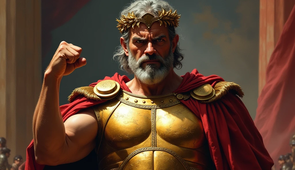 oil painting, Roman emperor clenching his fist, peeping at the viewer, gesture of rage, gold-plated breastplate, laurel wreath, gray hair, grit your teeth