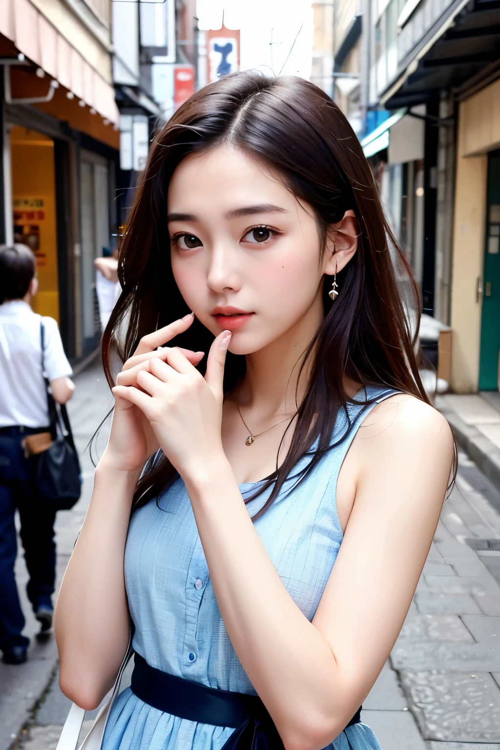 (Highest quality: 1.3), (Very detailed: 1.3)、High resolution、8k wallpaper、Perfect dynamic composition,、 (masterpiece: 1.3),
Beautiful Eyes、Natural color lip、 ((Japanese Idols))、very cute、20-year-old、
Semi Body Shot、(street)、