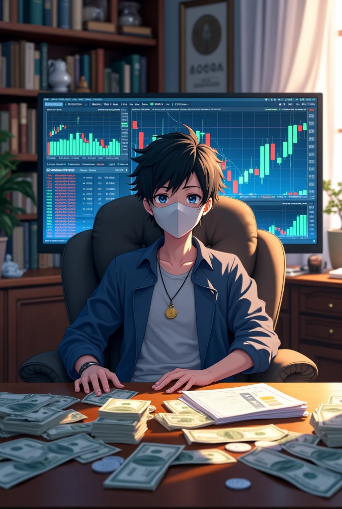 A 20 years anime boy sitting on a Comfortable chair and looks in front with face mask, well furnished room, computer behind with the view of trading chart and many dollers and coins on the table.