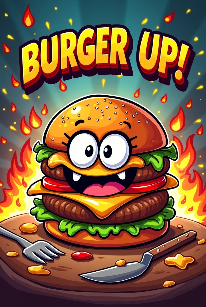 Make the logo of a hamburger business called BURGER UP! It&#39;s about smash burgers with a burger as a crazy and annoying character 