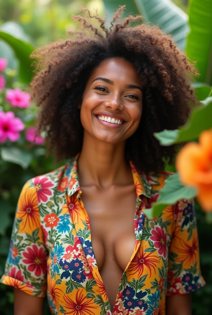 A Brazilian woman in a lush tropical garden, wearing an open shirt with a floral print, with a close-up capturing the harmonious beauty between her breasts and the natural flowers, showing off your natural charm and outgoing personality.