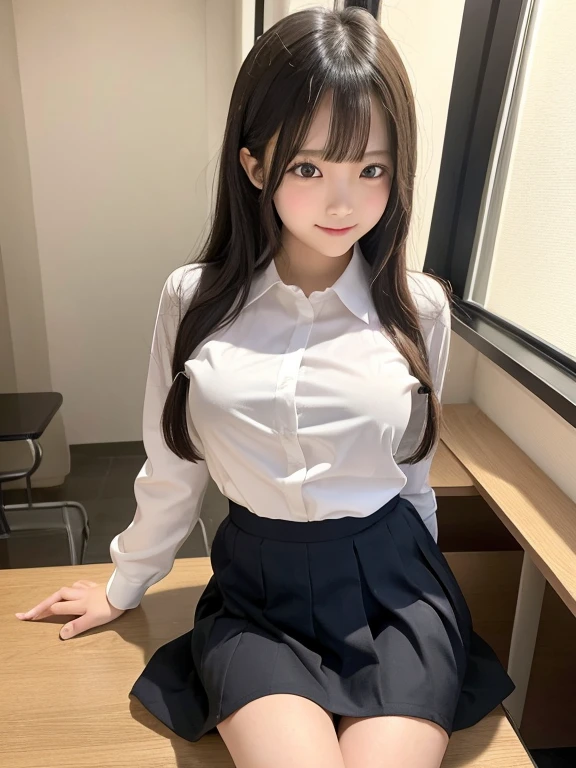 9 years old, elementary school students, full body, best quality, 8K, (Extremely detailed eyes, Extremely detailed face), very cute face, white shirt, black skirt, school uniform, musume san, long hair, bangs, 1 girl, big breast, in the room, looking at viewer, low angle, nsfw, smile, Cleavage, black thighhigh, show off nipple, lift skirt,