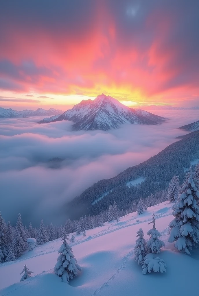 a snow-covered mountain range, thick fog rolling in like waves, a beautiful and colorful sunrise, cinematic lighting, epic landscape, dramatic atmosphere, mist, morning light, highly detailed, photorealistic, 8k, masterpiece, breathtaking scenery, moody and atmospheric, vibrant colors, natural beauty, serene and peaceful, grand and majestic, picturesque, stunning vista, awe-inspiring, atmospheric, dramatic lighting, sweeping panorama, vast and expansive, epic proportions, hyper-realistic, wide angle, cinematic composition, realistic textures, intricate details, beautiful sky, glowing sun, ethereal mood