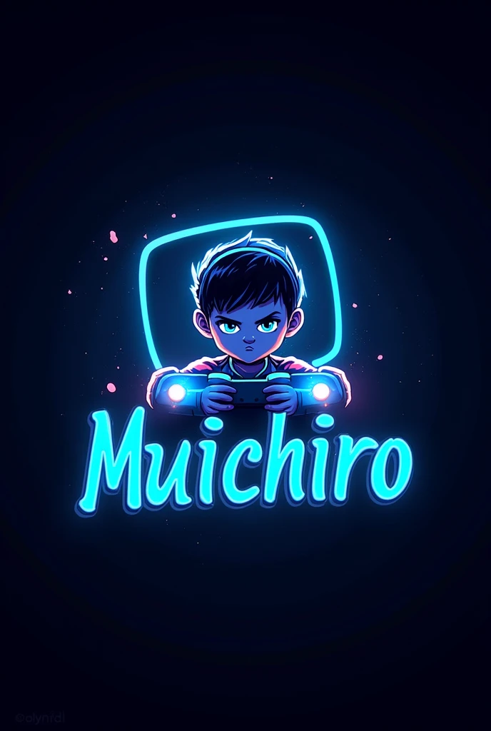 This is a gaming logo that features the name "Muichiro" in a futuristic font and a neon blue color. and child avatar, The logo also has a stylized controller icon and a YouTube play button in the background. The logo is designed to be attractive and eye-catching, and to appeal to gaming enthusiasts and YouTube viewers. I hope you like it