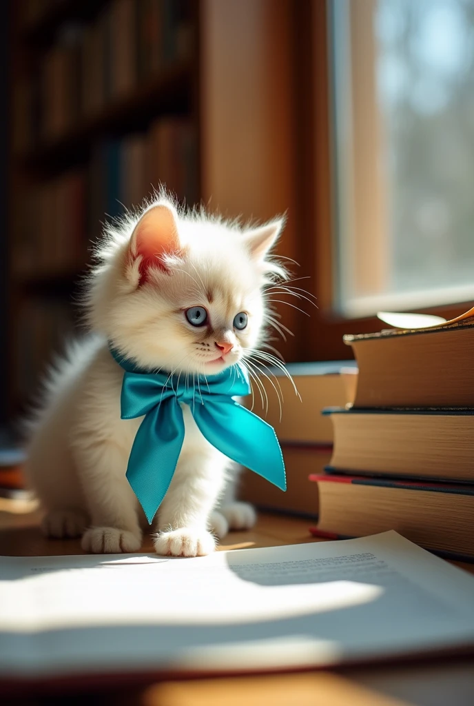 A ragdoll kitten with a big blue ribbon around its neck sits next to a human studying。