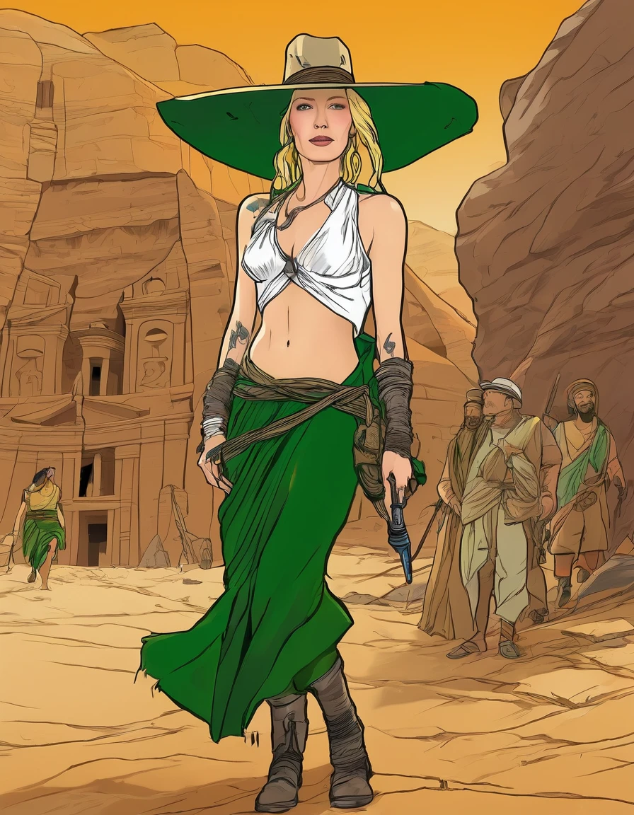 (sag)(Cate Blanchett, age 25, age 25, British Expedition hat on ground, Sheer white top torn open, Sheer green dress torn open, no underwear, tablet on ground, recoiling in fear, battered and bruised), desert ruins with hieroglyphs, a lesbian mummy (gorgeous female stripper covered in glyph tattoos and dingy bandage)