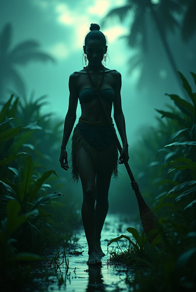 Woman walking on green swamp,Wearing a thin strip of cloth from a primitive tribe,Hand-held mowing sickle,Facing the front,Dark magic background