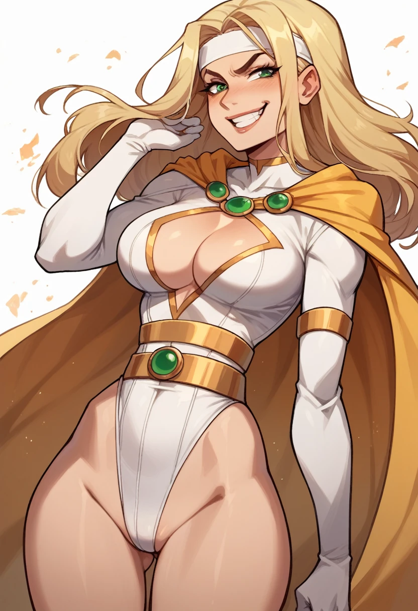 score_9, score_8_up, score_7_up, score_6_up, score_5_up, score_4_up, Sexy, Superheroine, blonde hair, green eyes, long hair, busty, ((White highleg leotard with a t-back thong)), gold belt, gold cape, thin white headband, cleavage cutout, toothy grin