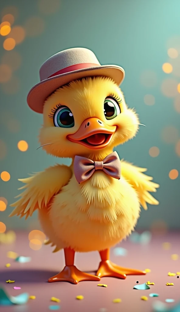 Perfect centering, a humanoid cute little duck, Wear a bowtie, Wearing a hat, cheerfulness, Standing position, Abstract beauty, Centered, Looking at the camera, Facing the camera, nearing perfection, Dynamic, Highly detailed, smooth, Sharp focus, 8K