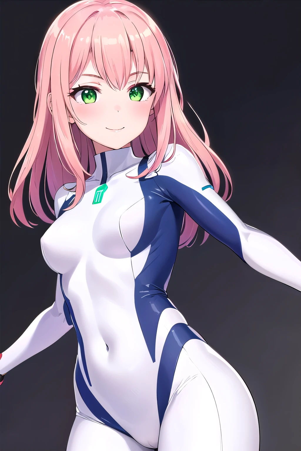 1girl,Samus aran,solo,green eyes, pink hair, forehead   hair, white zero suit,white body suit,purple stripes,cowboy shot,blush,,Science fiction,ultra-detailed,sharp focus,aesthetic,(best quality), white background, smile