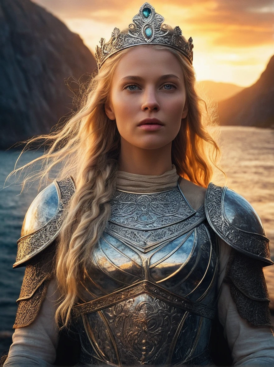 realistic, best quality, high res, highly detailed,

In the heart of the Viking lands, amidst rugged fjords and tempestuous seas, there reigned a queen whose presence commanded both awe and admiration. With hair as golden as the sun's first light and eyes as piercing as the northern stars, she possessed a beauty that rivaled the most enchanting of Norse goddesses. Yet, it was her strength and indomitable spirit that truly set her apart. Clad in armor adorned with intricate runes and wielding a sword forged in the fires of Valhalla, she led her people fearlessly into battle, her battle cries echoing across the land like thunder. Wise and cunning, she navigated the treacherous waters of politics and diplomacy with a shrewdness that belied her youth, earning the respect of allies and foes alike. Though fierce in war, she ruled with a compassionate heart, her kindness and generosity earning her the unwavering loyalty of her subjects. She was not merely a queen, but a legend, a beacon of strength and grace in a world fraught with turmoil and uncertainty. She was the embodiment of Viking prowess and majesty, a ruler whose legacy would endure for centuries to come.

fantasy style, dreamlike fantasy art, surreal and colorful art, watercolor, glowing vivid colors, dramatic lighting,

