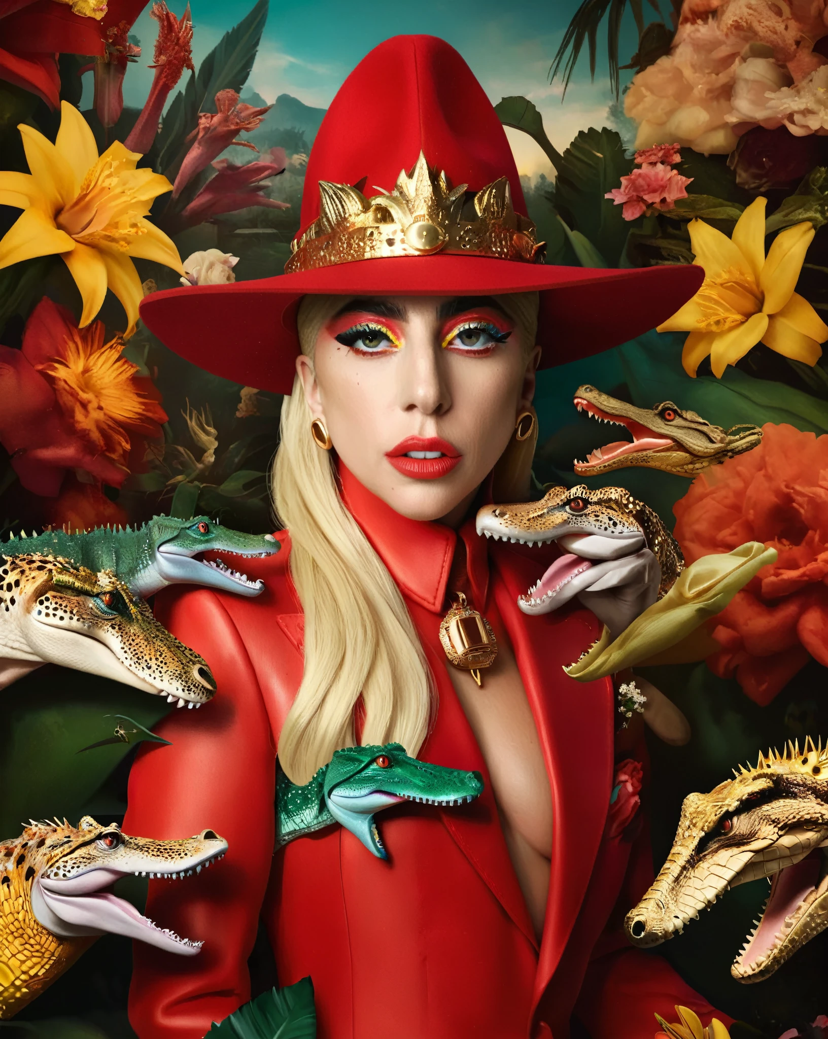 Lady Gaga in a red and gold outfit and a hat with Crocodile , Fauna_Portraits , surrounded by flowers, David LaChapelle, highly detailed digital painting, poster art, naturalism