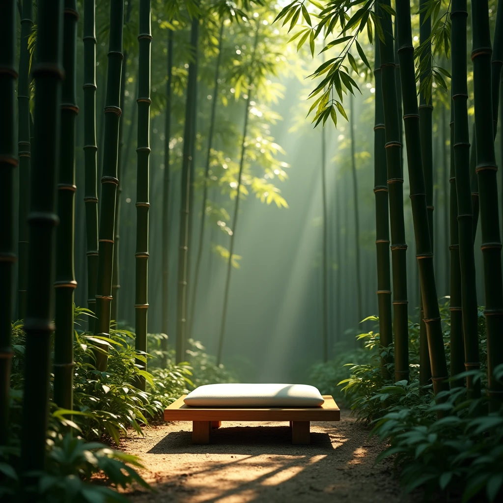 (Bamboo Forest), In a quiet corner of the bamboo forest, place a simple table and cushion to create a serene Zen atmosphere. Using soft lighting and low angle shooting, emphasizing Zen and natural harmony. Beautiful cinematic lighting, surreal, RAW photo, color graded, dynamic movement, captivating chiaroscuro, full body, award-winning, cinematic still, emotional, vignette, dynamic, vivid, (masterpiece, best quality, photorealistic, Professional, perfect composition, very aesthetic, absurdres, ultra-detailed, intricate details:1.3)