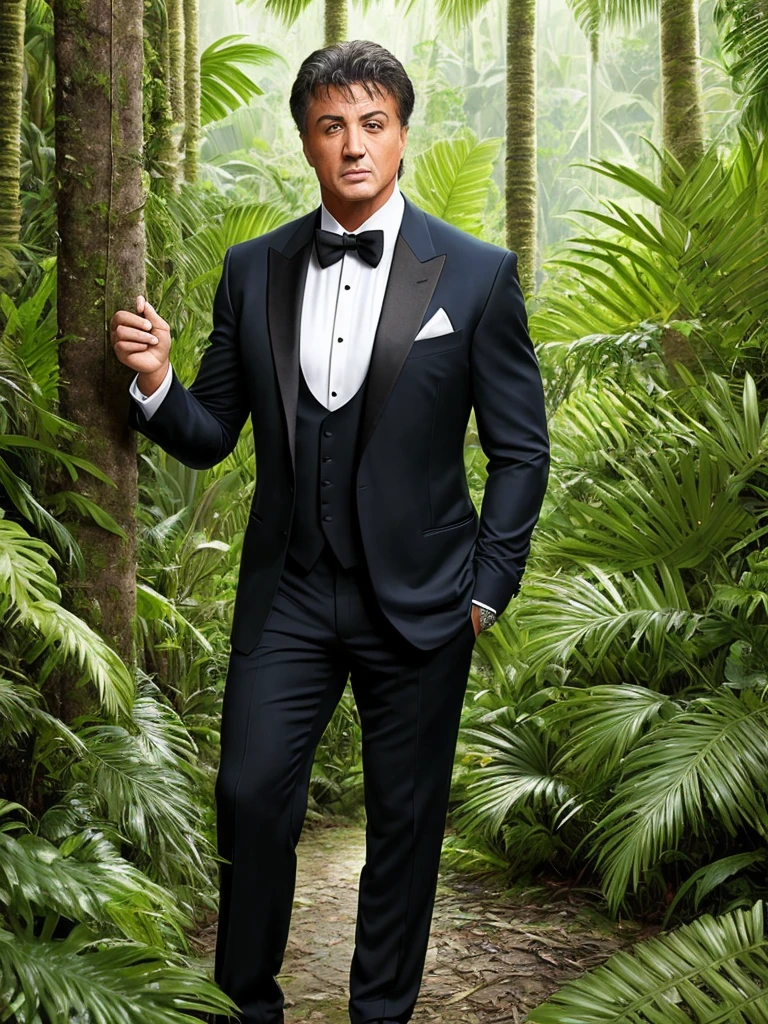 Masterpiece Photography Ultra Realistic Description: Sylvester Stallone, the legendary action star, captivates in this hyper-realistic 4K photograph. He defies expectations by donning a sleek, tailored tuxedo while standing in the midst of a lush, tropical rainforest. The contrast of his formal attire against the vibrant greenery creates a visually stunning composition. With his rugged charm and determined expression, he exudes a sense of confidence and strength. The hyper-realistic portrayal captures the intricate details of his tuxedo and the lush foliage of the rainforest, evoking a sense of elegance and adventure.