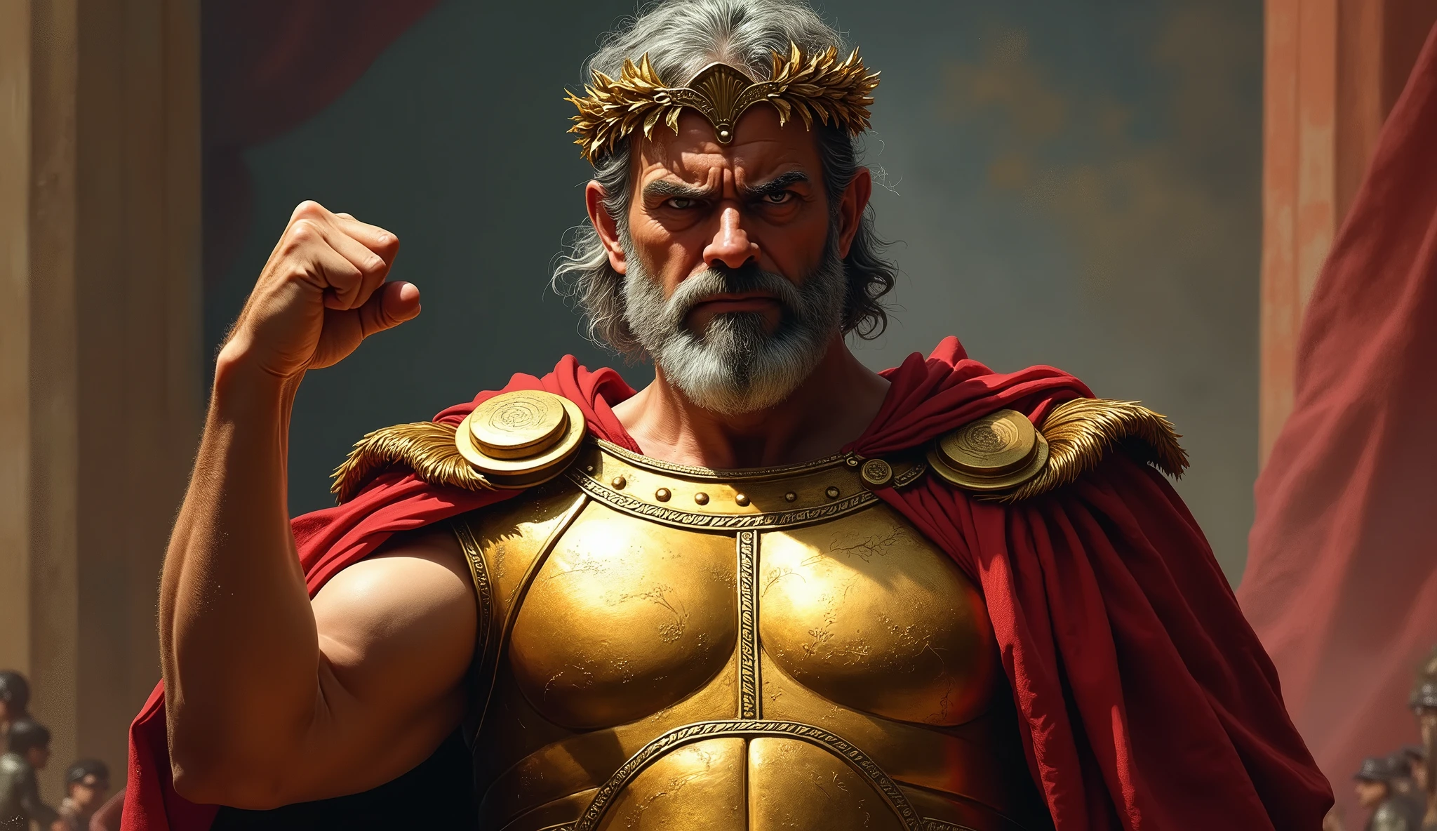oil painting, Roman emperor clenching his fist, peeping at the viewer, gesture of rage, gold-plated breastplate, laurel wreath, gray hair, grit your teeth