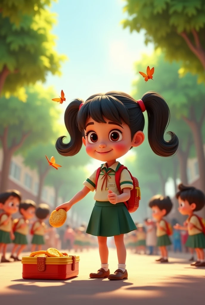 In cinematic 3d cartoon style " Ek Ladki school ki dress pahne Hue Kamar per bag Tanga hai aur tiffin Mein Roti Rakh rahi hai bhagone se nikal kar but ek hi Roti Hai Uske Hath Mein"