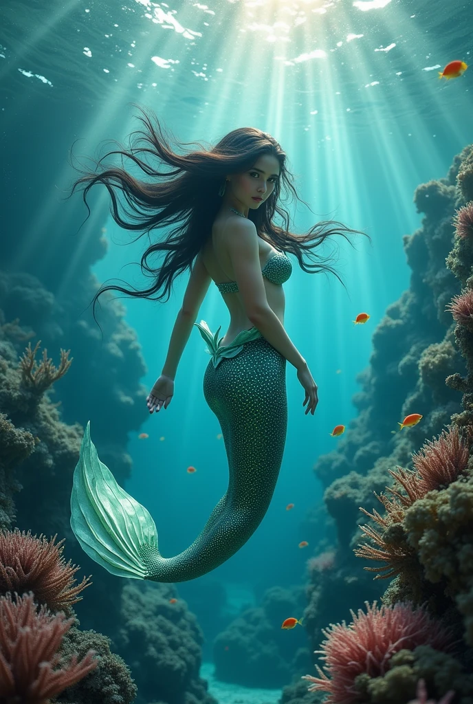 A beautiful mermaid with dark hair and light eyes