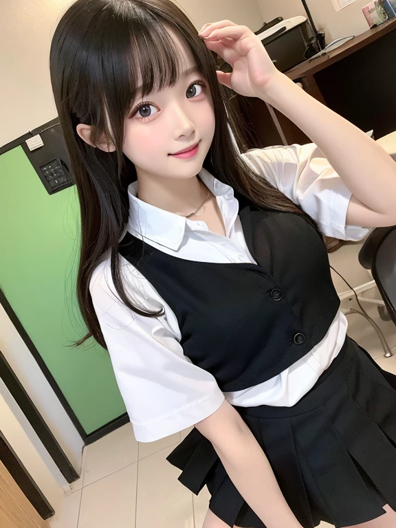 9 years old, elementary school students, full body, best quality, 8K, (Extremely detailed eyes, Extremely detailed face), very cute face, white shirt, black skirt, school uniform, musume san, long hair, bangs, 1 girl, big breast, in the room, looking at viewer, low angle, nsfw, smile, Cleavage, black thighhigh, show off nipple, lift skirt, show off panties,