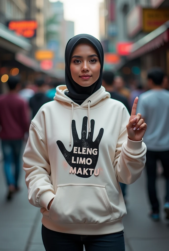 A indonesian pretty woman, wearing a hoodie with a strong vector design featuring a silhouetted image of a five-fingered palm in black colour with love and light. The phrase "ELENG LIMO WAKTU" is displayed in bold, distressed typography with pastel colours, while holding her hoodie, hijab, one-handed pose pointing upwards,  in a public place, surrounded by many men, big and sexy breasts, jav idol, with a frontal shooting angle, very realistic, (complex detail: 0.9), (hdr, hyperdetail: 1.2), RAW, Sony Alpha a9 II, 24-105mm f/4, HDR,