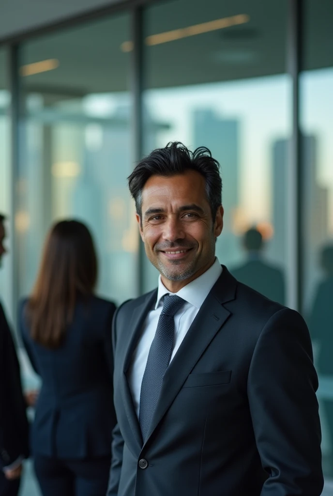 Augusto Fernandes, businessperson, dark haired, somewhat pale white, well-defined and smiling jaw , looks 47 years old