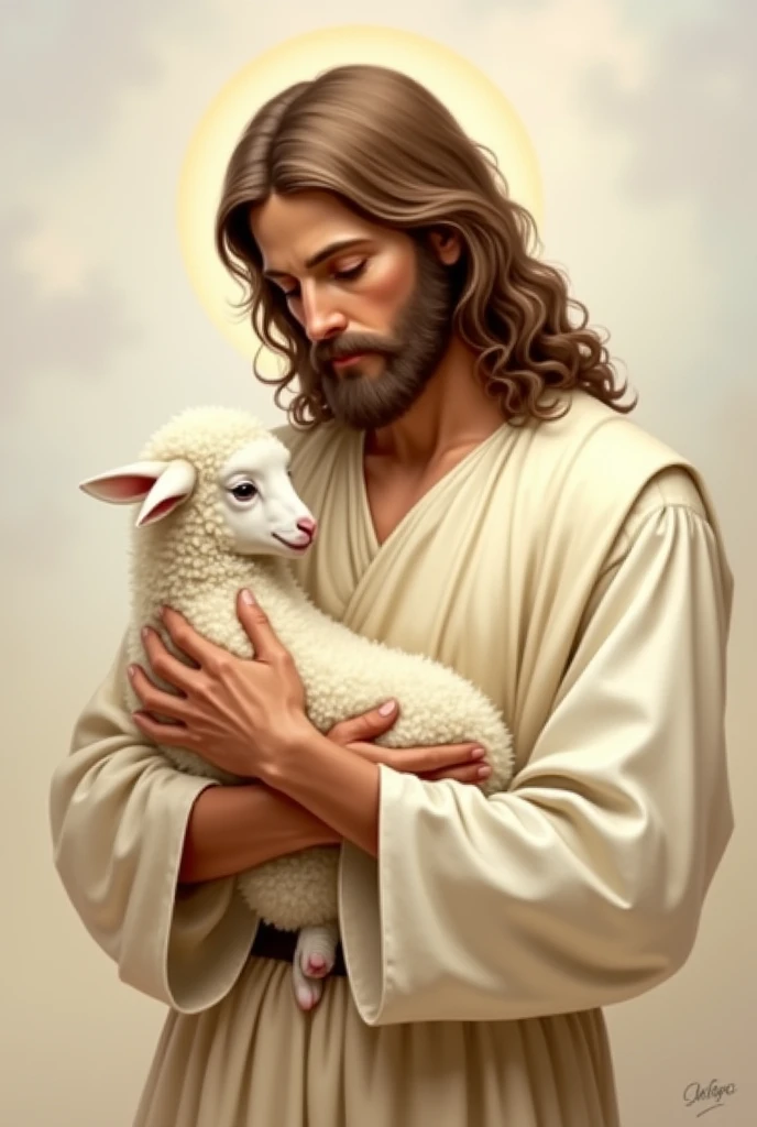 Create a bookmark where Jesus Christ is holding a sheep. On one side only, in dimensions of 14,5 x 4,5. There should be space to place text both at the top and bottom. Remove the light from the head behind the head of Jesus Christ. 