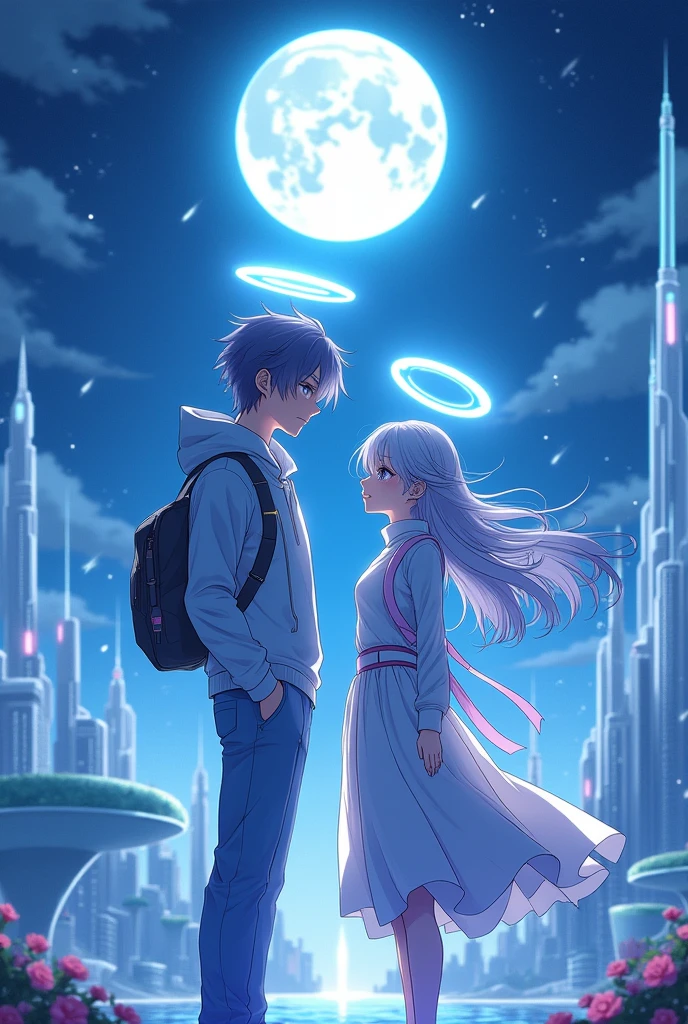 I want a picture of a man and a woman in an anime with a halo like a bluearchive game. The halos have different shapes and they have a futuristic theme. They live on the moon in a futuristic kingdom.