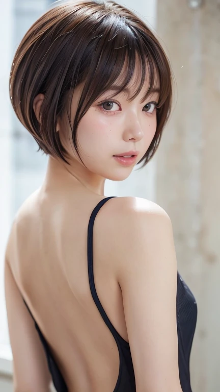 (Bob Cut Hair:1.2),(Wearing a backless dress:1.8),1 person,Japanese,21 years old,(Small breasts:1.3),(Highest quality,masterpiece:1.3,Ultra-high resolution,),(Very detailedな,Caustics),(Realistic:1.4,RAW shooting,)Ultra-Realistic Capture,Very detailed,High resolution 16K human skin closeup。 Natural skin texture、,pores、、It needs to be detailed enough to be easily identifiable。 Skin tone is even and healthy looking。 Use natural light and color, Happy expression, Looking into the camera, Perfect dynamic composition, indoor、Cleavage、freckles、Alluring expression、You can see up to the buttocks、Raise your arms high、Beautiful shoulder blade、Leaning against a wall