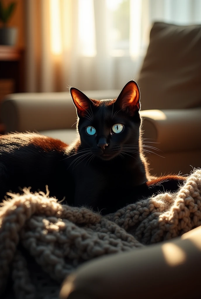 a picture of a black cat, with blue eyes, on the lap of its owner.