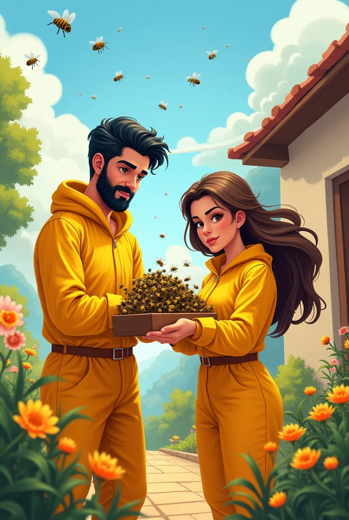 the image must have a cartoon style, with u Generate an image of two beekeepers, one man and one woman, in yellow beekeeping clothing, the man must be young and have a black beard, eyes black e tom de pele branca
, Lebanese traits , black short hair, eyes black, small-nose, the woman must have brown hair and European features, com olhos castanhos, removing bees from a house, using safety equipment, beekeeping mask, they must be working