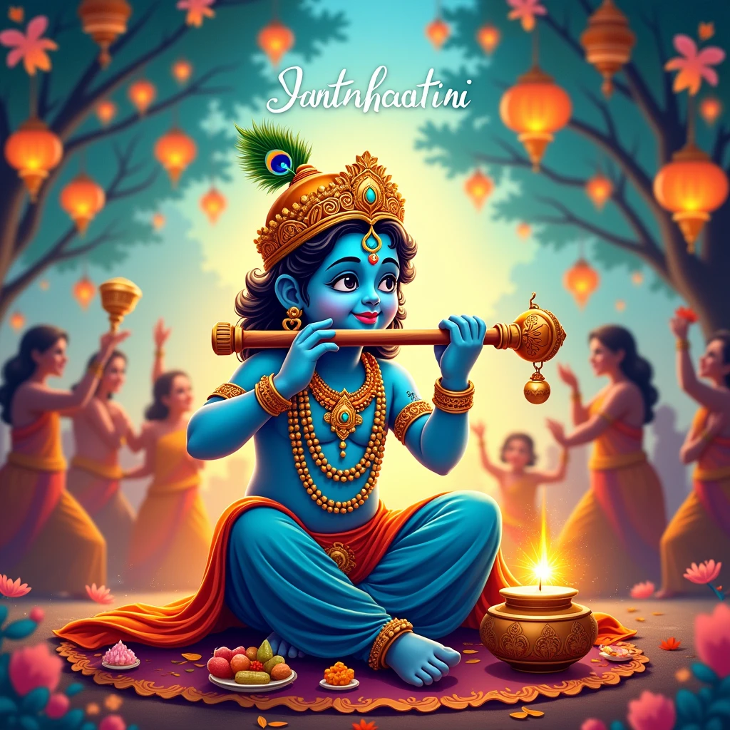 illustration of Lord Krishna playing bansuri (flute) in Janmashtami festival of India with text in Hindi meaning Shri Krishan Janmashtami vector